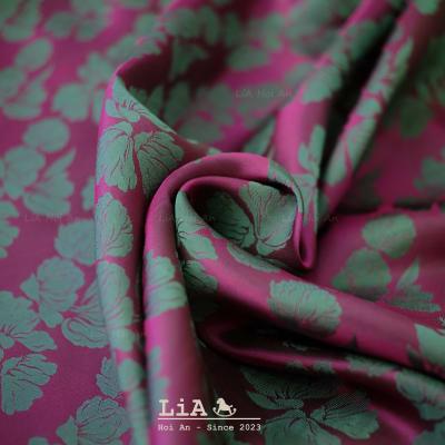 Set 3.5x0.9m - Vietnamese Mulberry Silk – Red & Pink -“Bèo” Aqua Plant Pattern - LiA Hoi An