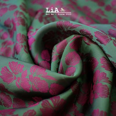 Set Dress 3.5x0.9m - Handmade Vietnamese Mulberry Silk – “Bèo” Aqua Plant Pattern in Pink & Silver - LiA Hoi An