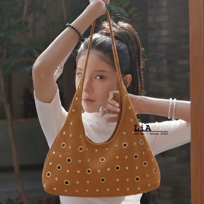 Lia Hoi An Suede Leather Shoulder Bag – Eyelet And Studded Design