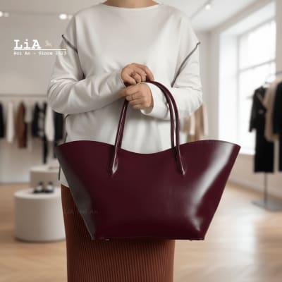 Tulip Burgundy Tote, Large Laptop 17’’ Real Leather Handbag, Custom Made Leather Purse - LiA Hoi An