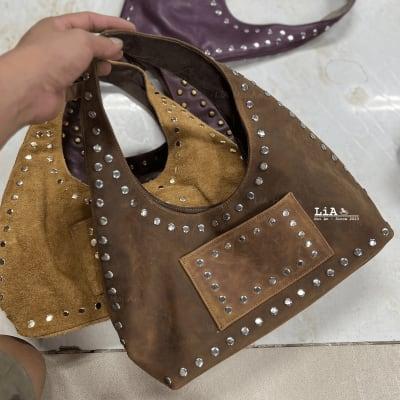 LiA Hoi An Personalized Leather Brown Shoulder Bag Studded Edge Design