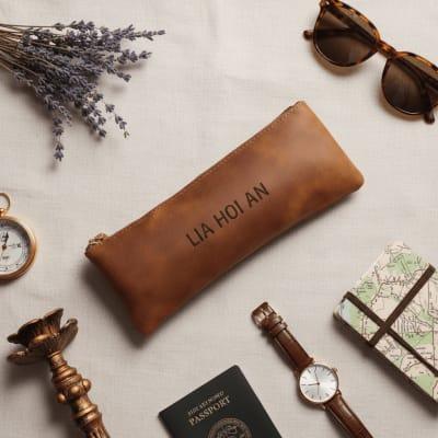 Personalized Brown Pencil Case, Real Leather Custom Pen Sleeve, Zip Pencil Pouch, Stationery Organizer, Custom Leather Gift For Teachers, Students| LiA Hoi An Leather