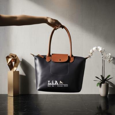 Custom Longchamp Le Pliage Original Tote Bag In Navy With Tan Leather Handles | Lia Hoi An Leather