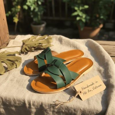LiA Hoi An Artisan Green Leather Slide Sandals