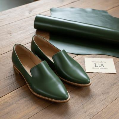 Green Pullup Leather Pointed-Toe Loafer For Women| LiA Hoi An