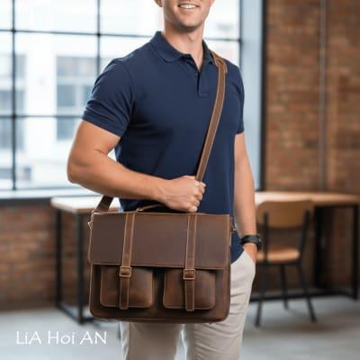 Brown Waxy Leather Messenger Laptop Bag| LiA Hoi An